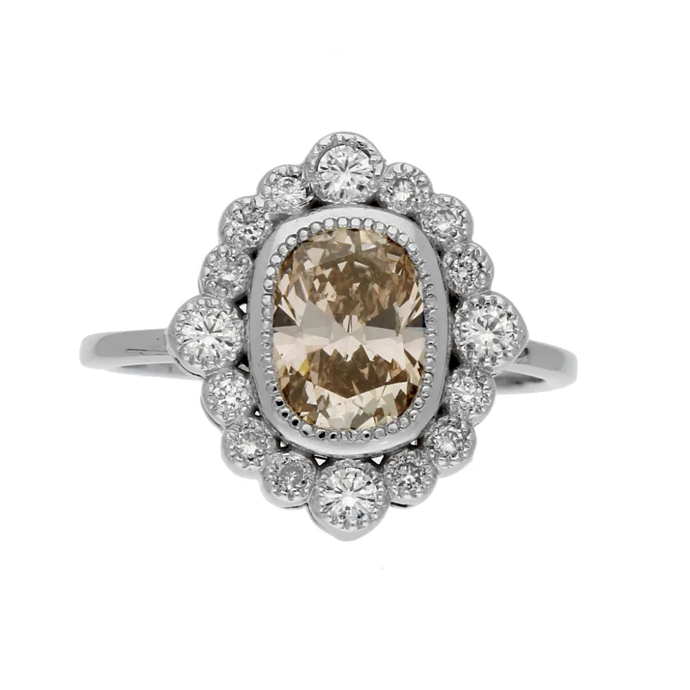 18ct White Gold 1.90ct Natural Light Brown Diamond Halo Cluster Ring