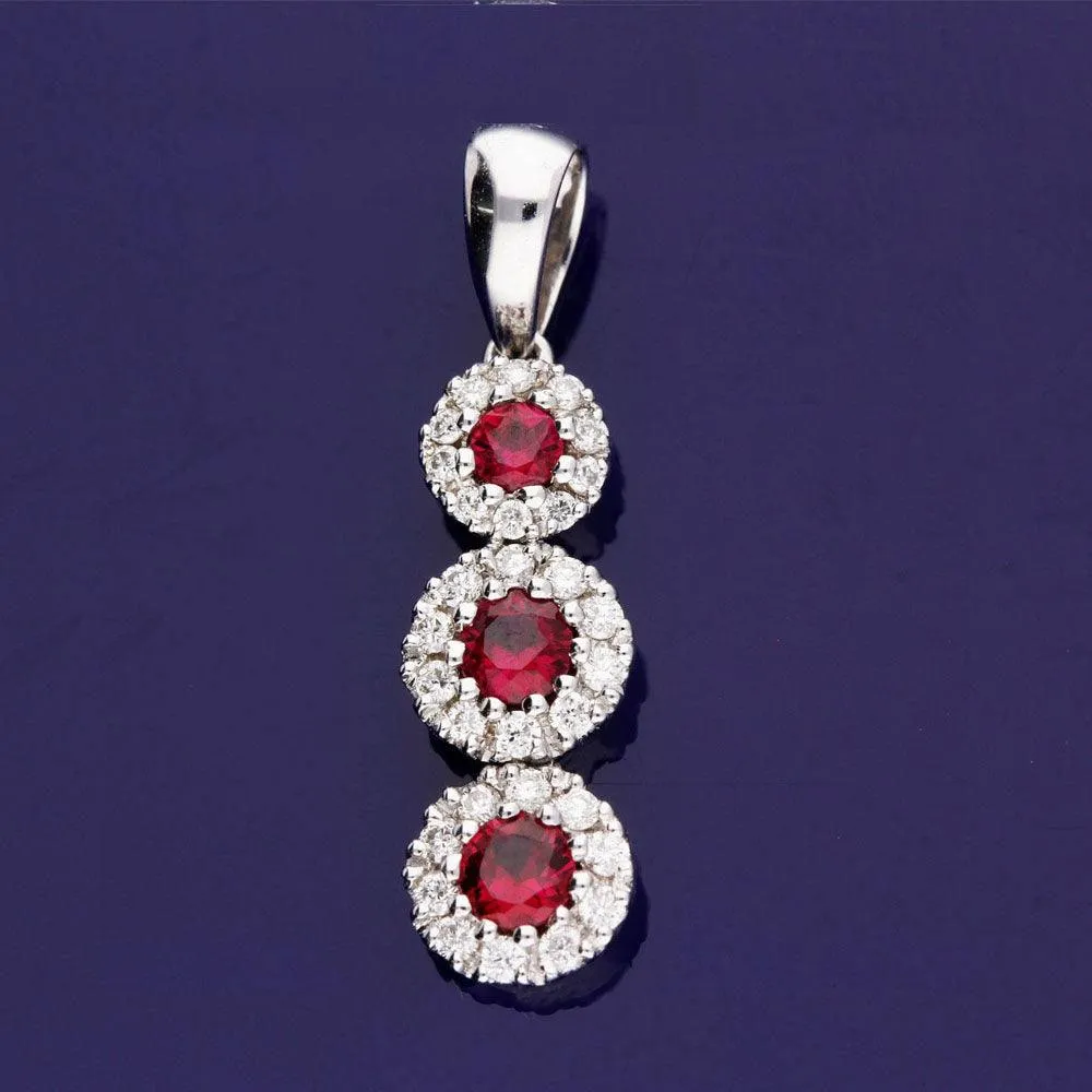 18ct White Gold Ruby and Diamond Graduated Cluster Drop Pendant