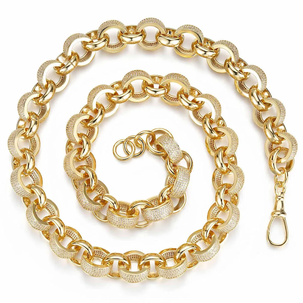 20mm Gold Filled Belcher Chain with Stones & Albert Clasp 30 Inch