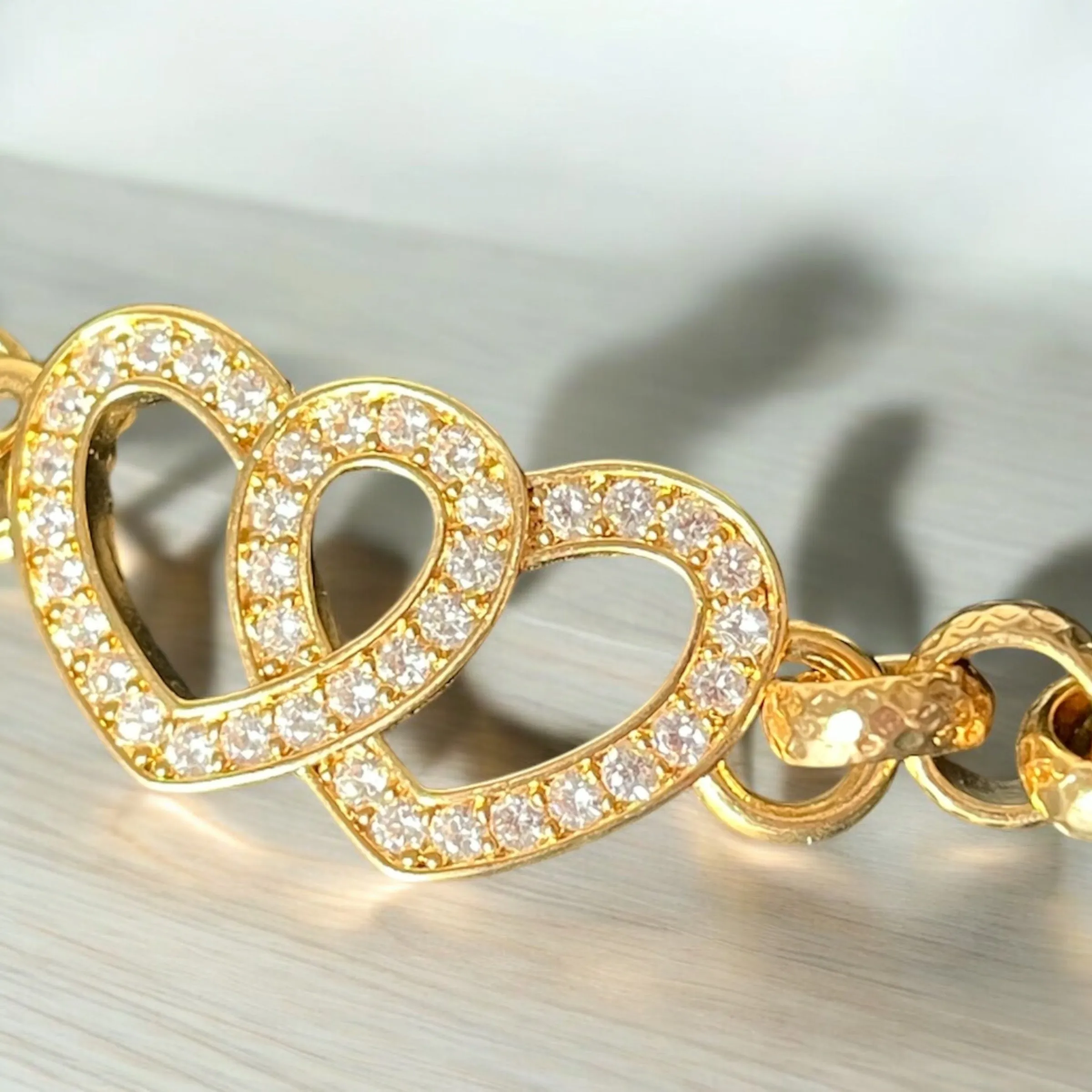 8mm Gold Filled Double Crystal Heart Belcher Bracelet 6/6.5 Inch