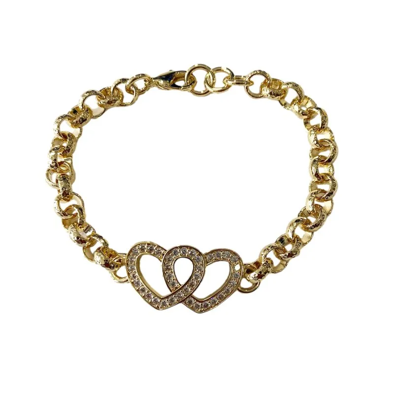 8mm Gold Filled Double Crystal Heart Belcher Bracelet 6/6.5 Inch