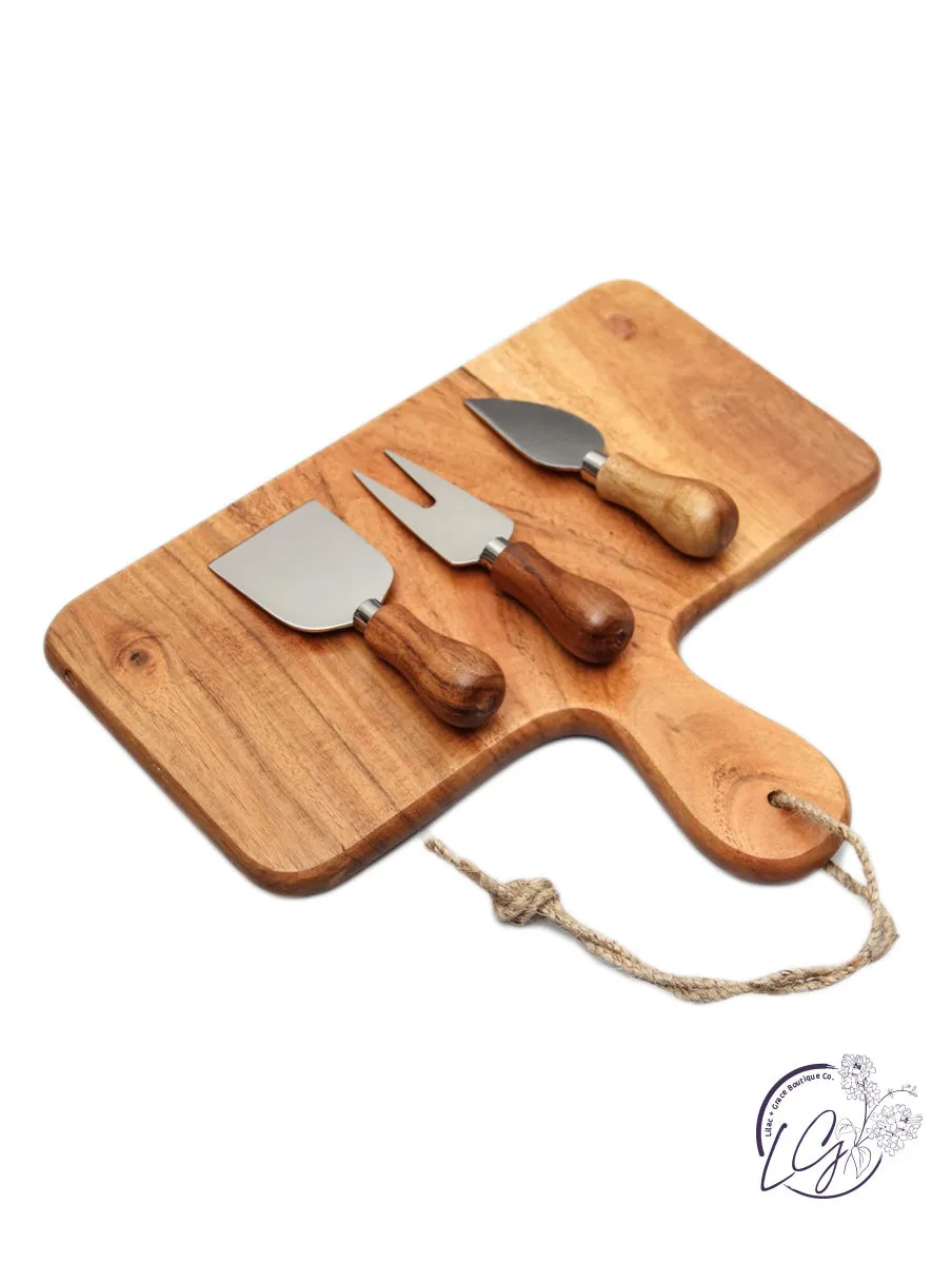 Acacia Wood Cheese Board w/ Knife Set