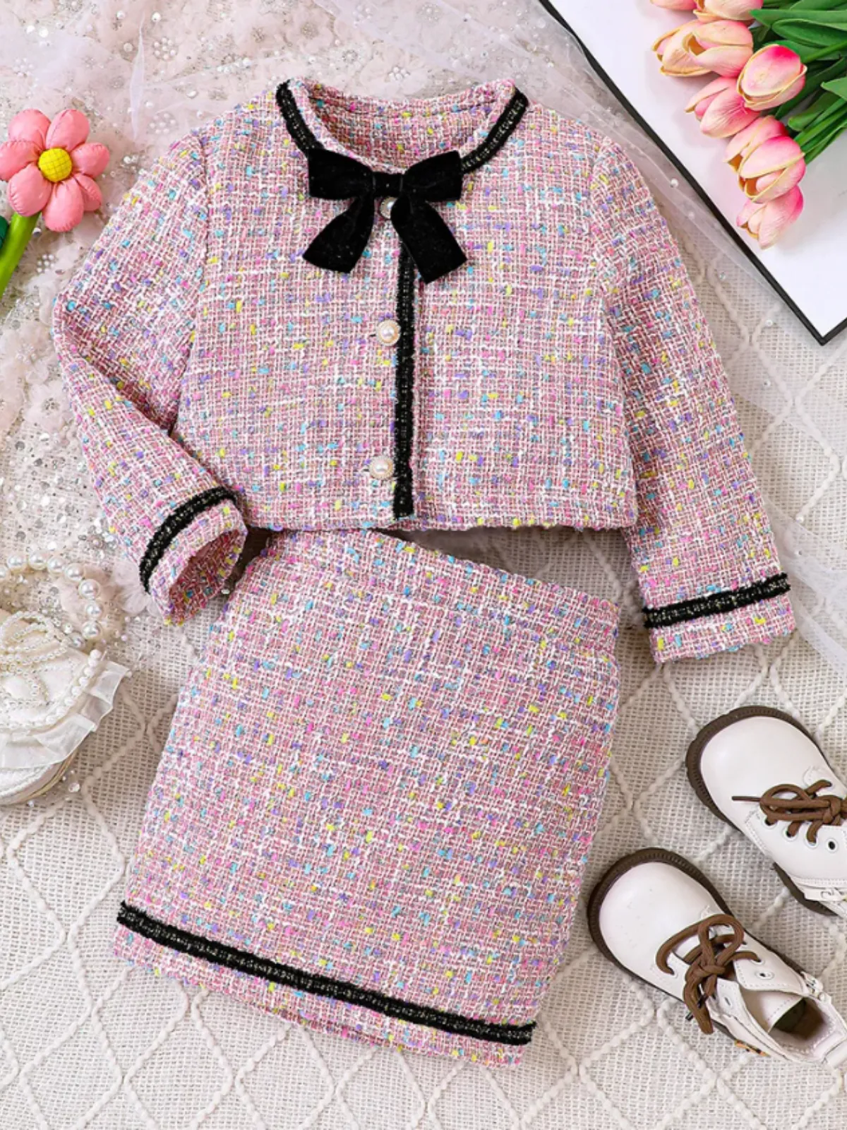 Adorable Pink Tweed Skirt and Jacket Set