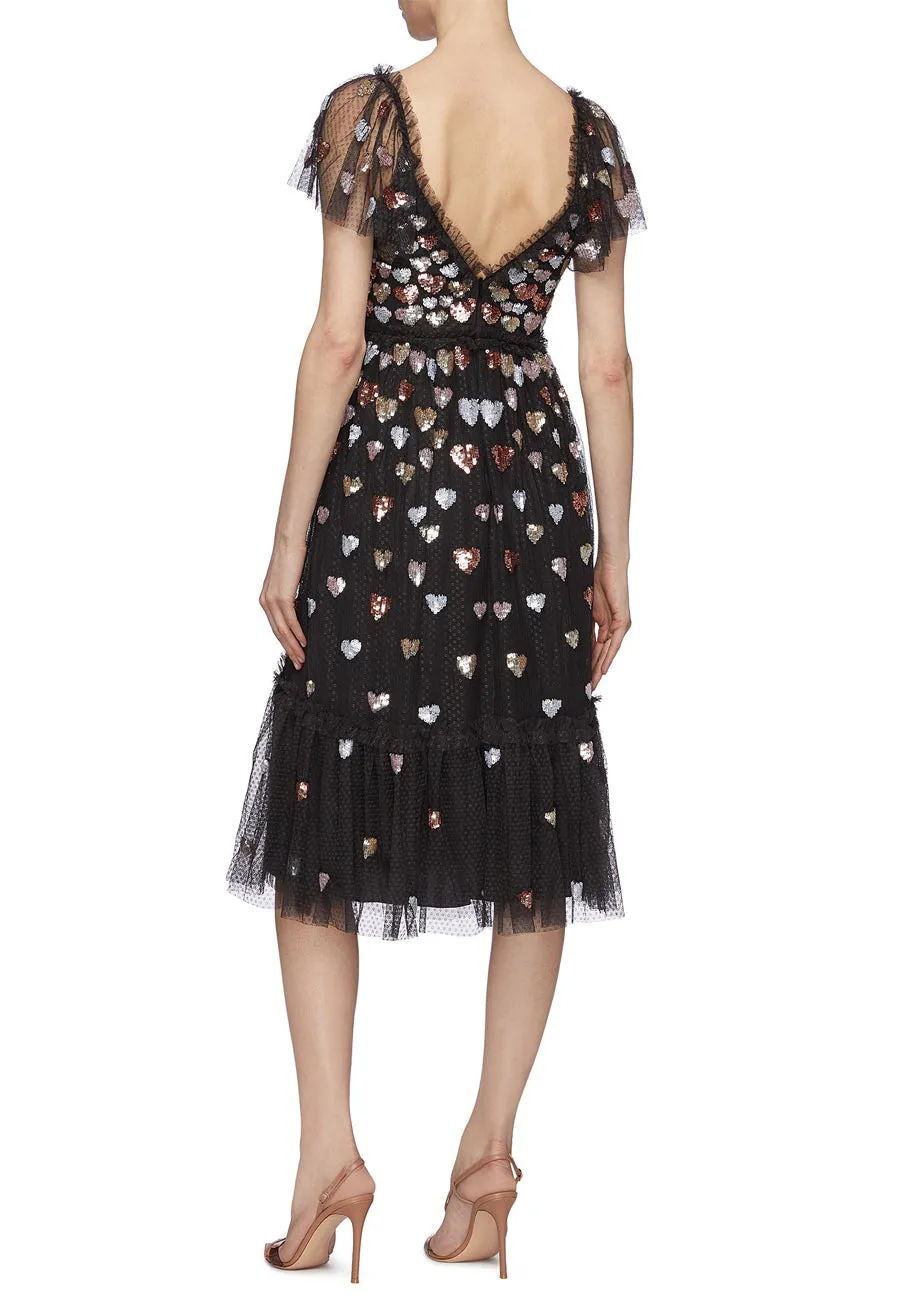 Black Love Heart Sequins Midi Dress