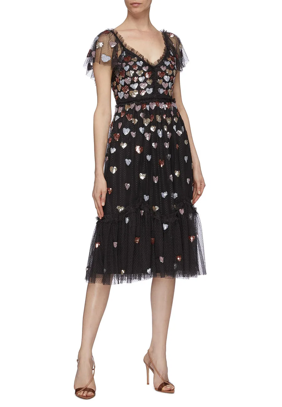 Black Love Heart Sequins Midi Dress