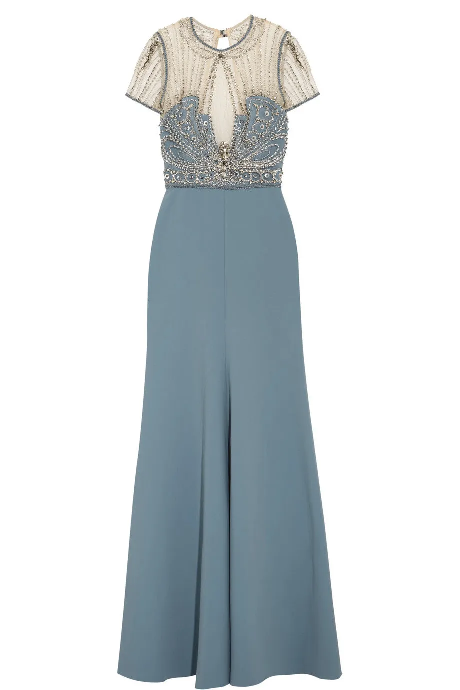 Blue Embellished Crepe Tulle Lace Open Back Gown