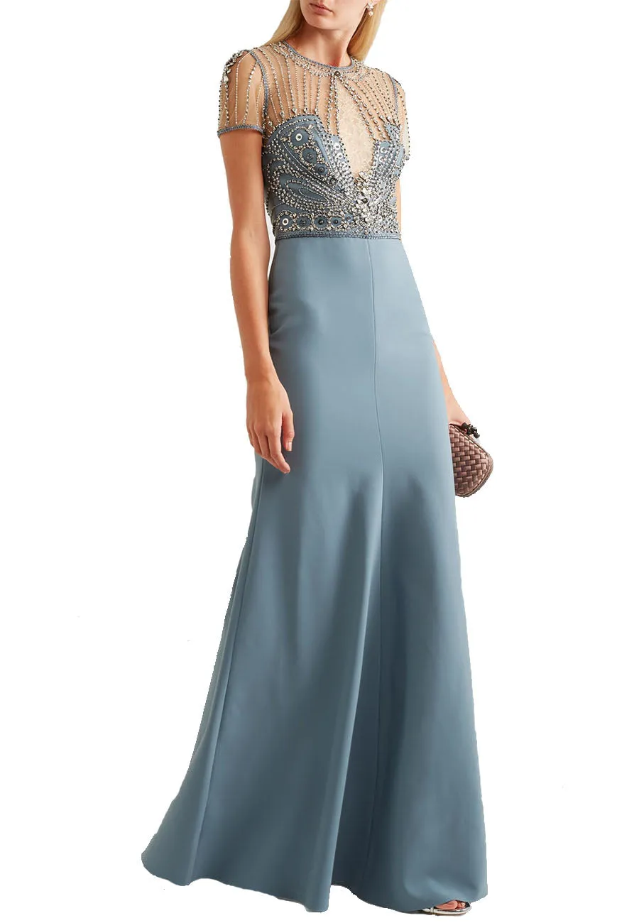 Blue Embellished Crepe Tulle Lace Open Back Gown