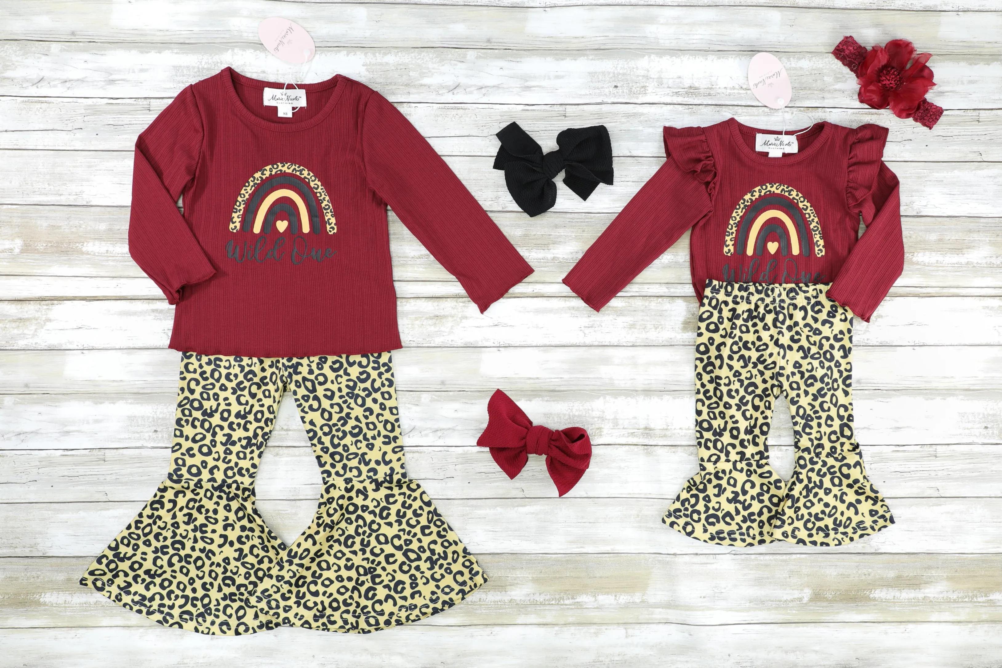 Burgundy Wild One Ribbed Leopard Top & Bell Bottom Outfit