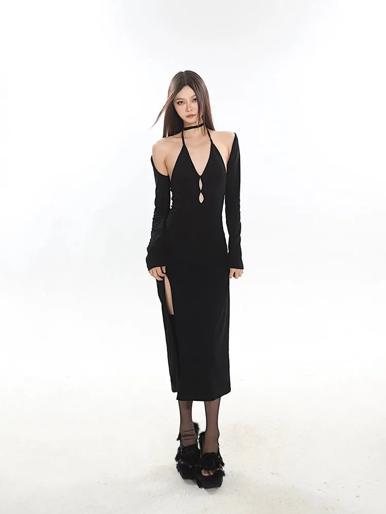 Cold Shoulder Keyhole Midi Dress with Side Slit