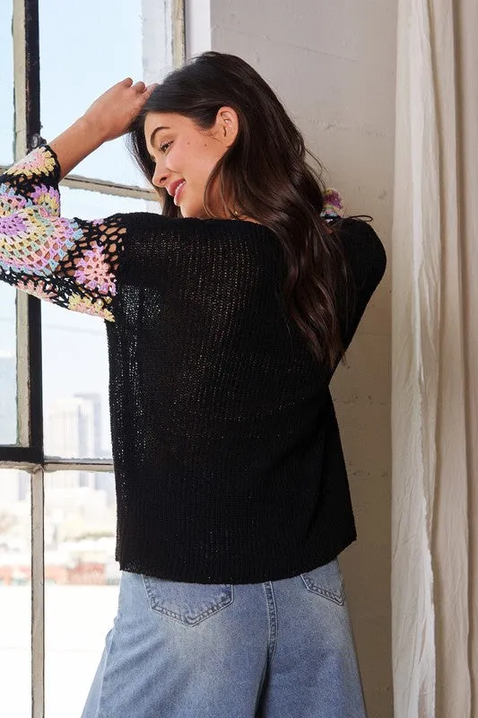 CROCHET MULTI COLORED GRANNY SLEEVE SWEATER TOP - BLACK OR CREAM