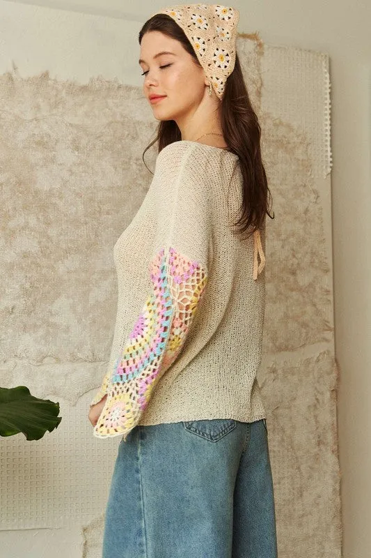 CROCHET MULTI COLORED GRANNY SLEEVE SWEATER TOP - BLACK OR CREAM