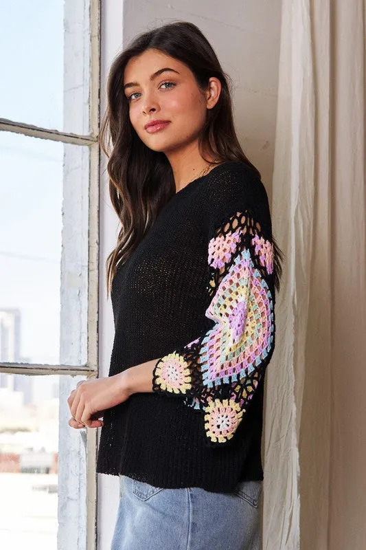 CROCHET MULTI COLORED GRANNY SLEEVE SWEATER TOP - BLACK OR CREAM