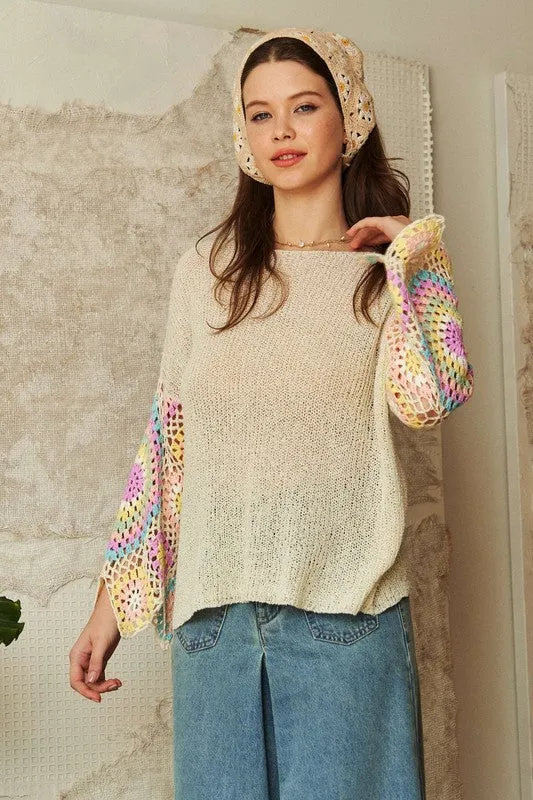 CROCHET MULTI COLORED GRANNY SLEEVE SWEATER TOP - BLACK OR CREAM