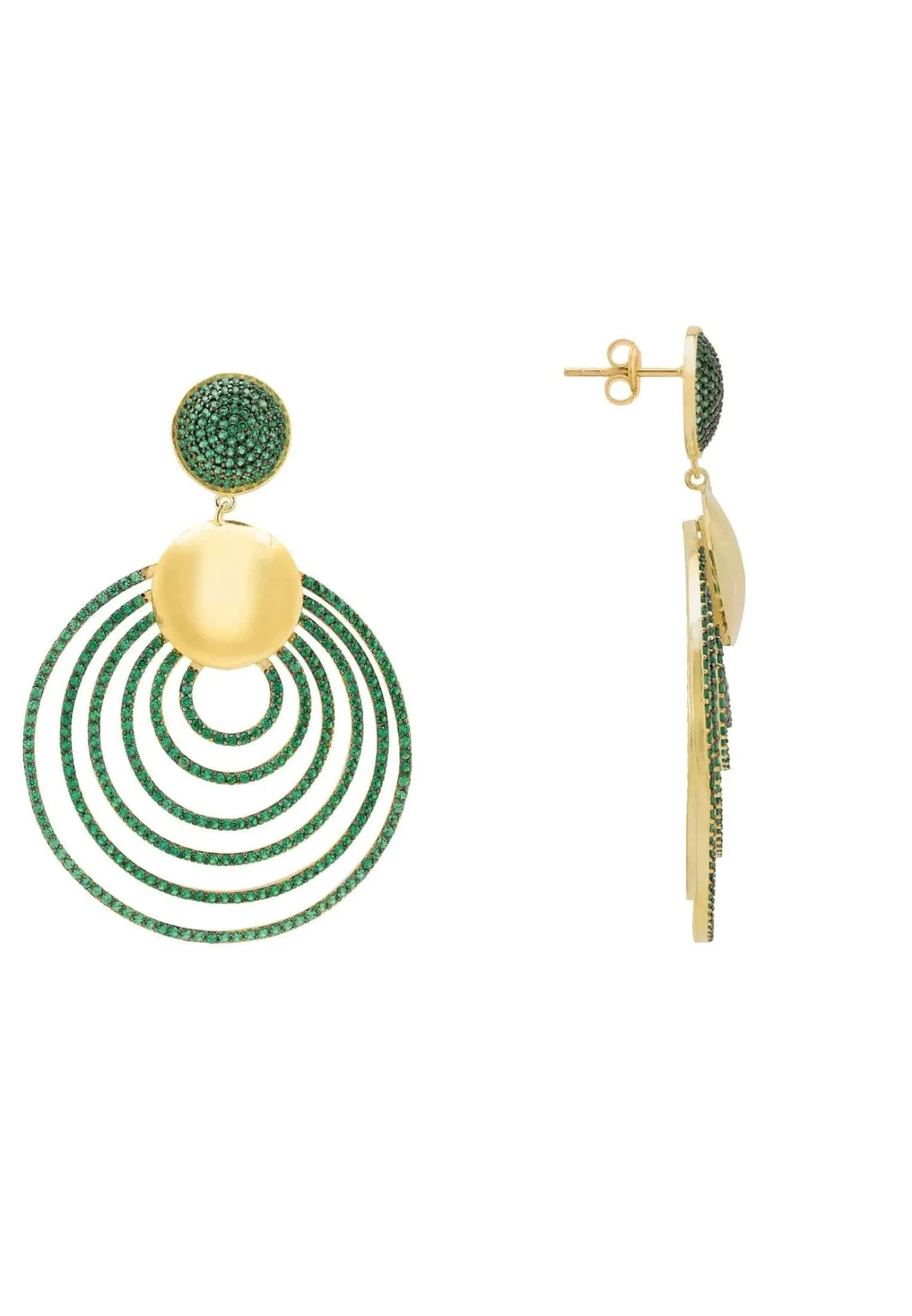 Descending Circles Drop Earrings Gold Emerald