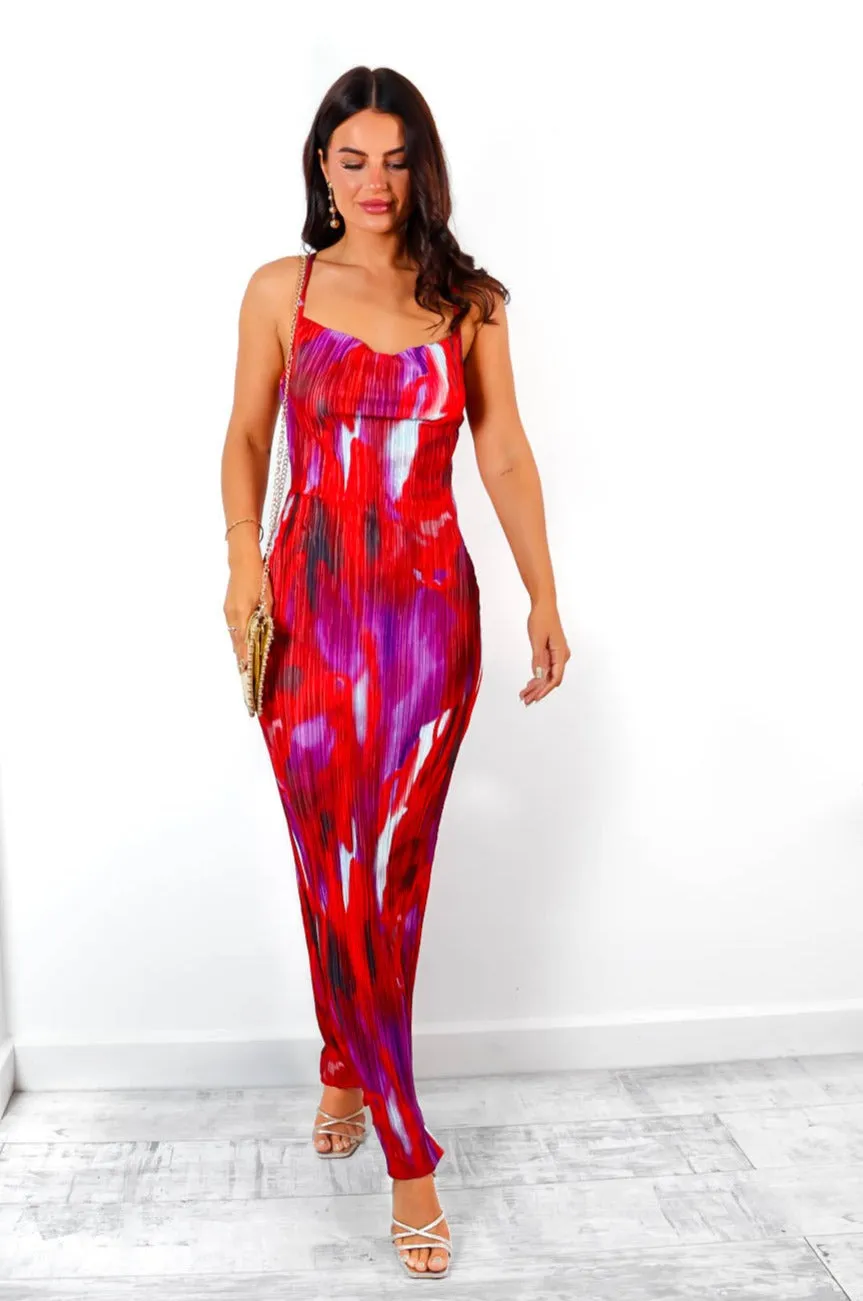 Do As I Plisse - Red Abstract Plisse Cowl Maxi Dress