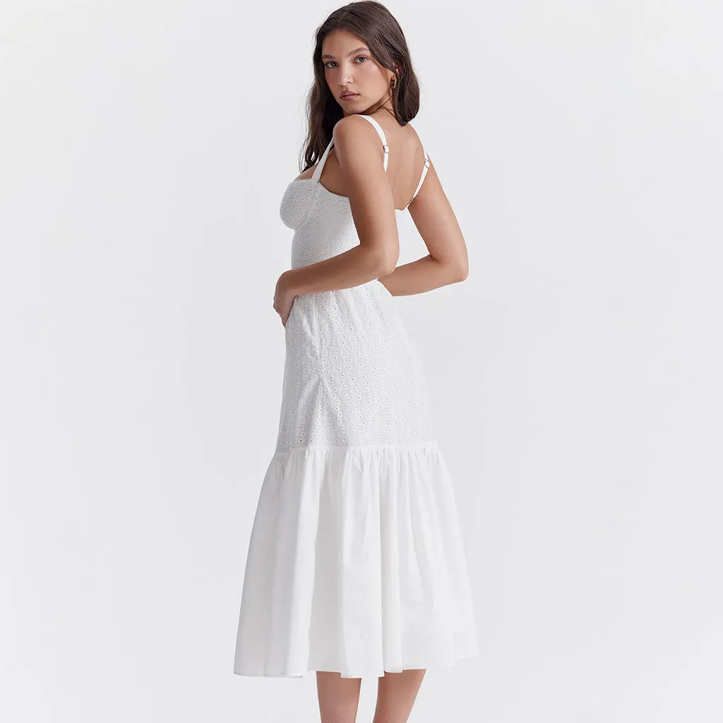 Floaty Sweetheart Neck Pocket Side Fit & Flare Broderie Anglaise Midi Sundress