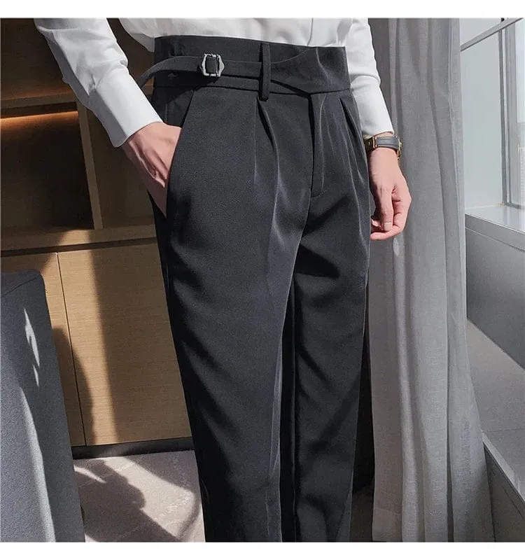 Men's Formal High-Waist Suit Pants with Belt Design - Slim Fit for Office, Social, or Wedding Events