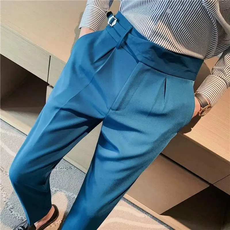 Men's Formal High-Waist Suit Pants with Belt Design - Slim Fit for Office, Social, or Wedding Events