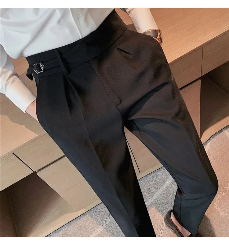 Men's Formal High-Waist Suit Pants with Belt Design - Slim Fit for Office, Social, or Wedding Events