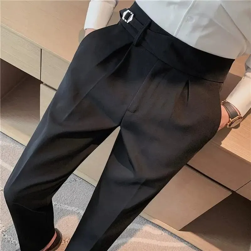 Men's Formal High-Waist Suit Pants with Belt Design - Slim Fit for Office, Social, or Wedding Events