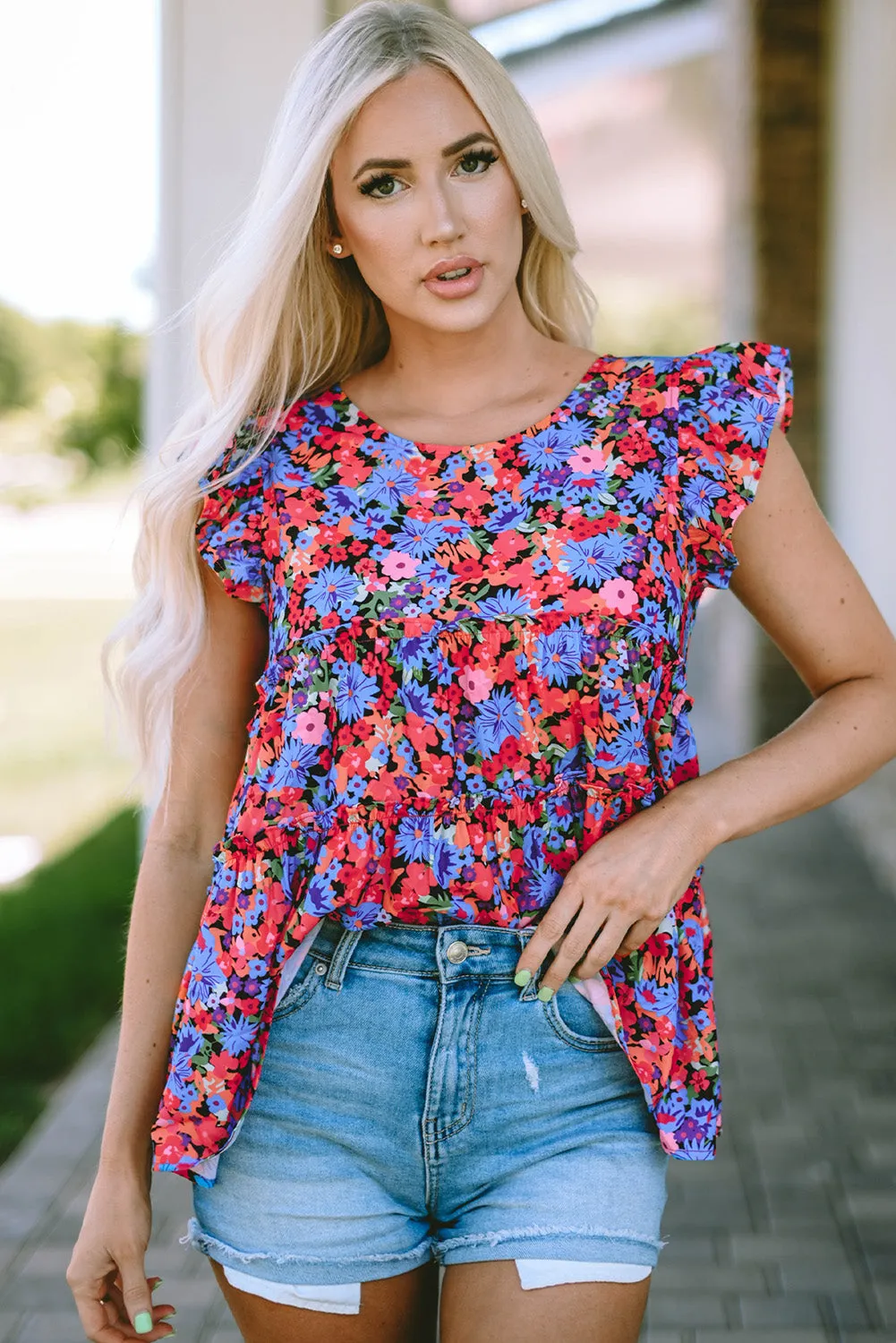 Multicolor Floral Print Ruffle Tiered Short Sleeve Babydoll Top