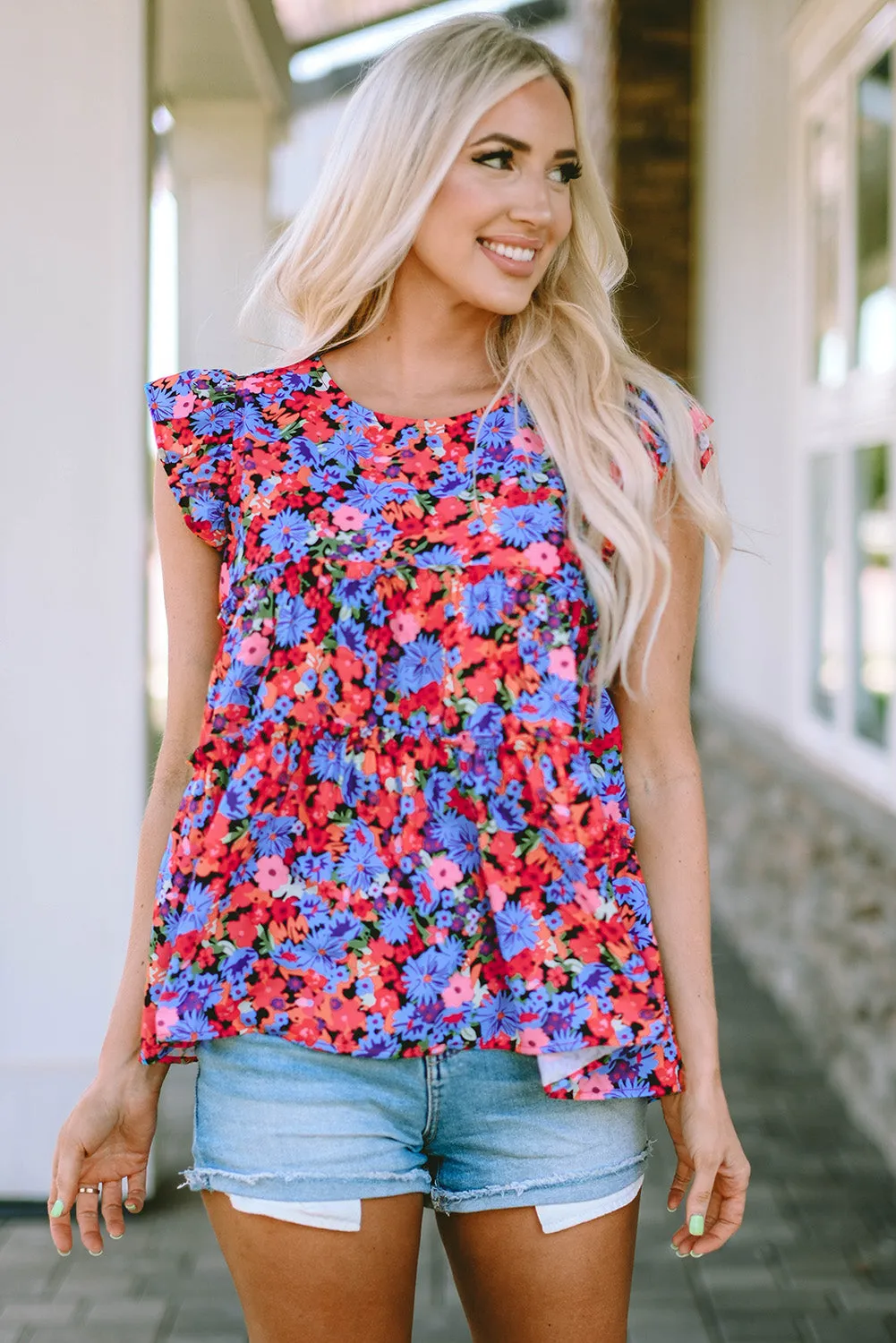 Multicolor Floral Print Ruffle Tiered Short Sleeve Babydoll Top