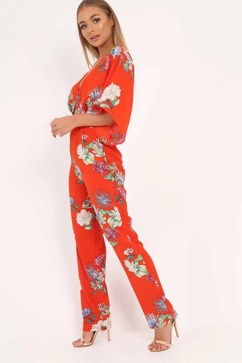 Orange Floral Kimono Sleeve Jumpsuit - Pilar