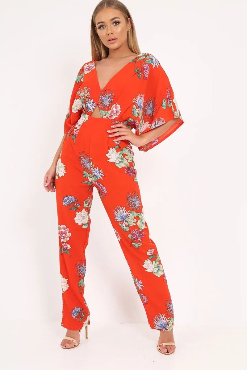 Orange Floral Kimono Sleeve Jumpsuit - Pilar