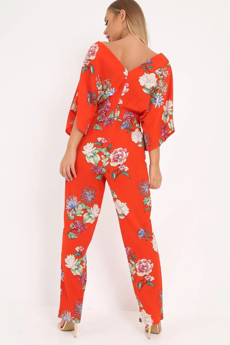 Orange Floral Kimono Sleeve Jumpsuit - Pilar