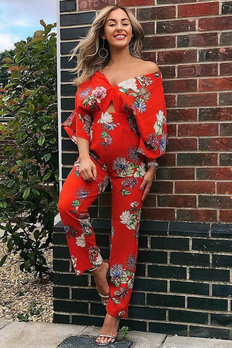 Orange Floral Kimono Sleeve Jumpsuit - Pilar