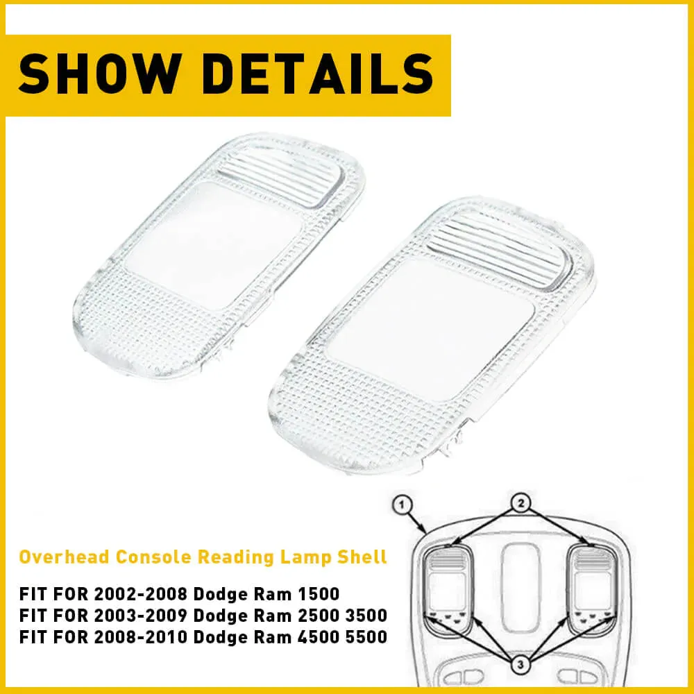 Pair Clear Overhead Console Reading Lamp Shell for Dodge Ram 02-08 1500, 03-09 2500 3500, 08-10 4500 5500