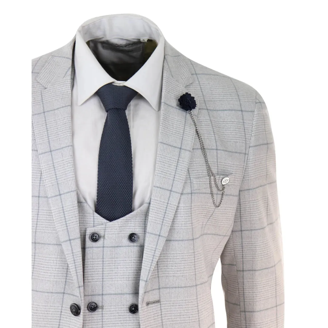 Radika - Men's Light Grey Check 3 Piece Suit Double Breasted Waistcoat