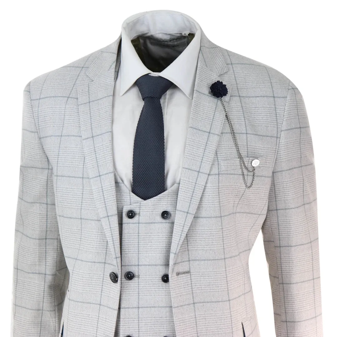 Radika - Men's Light Grey Check 3 Piece Suit Double Breasted Waistcoat