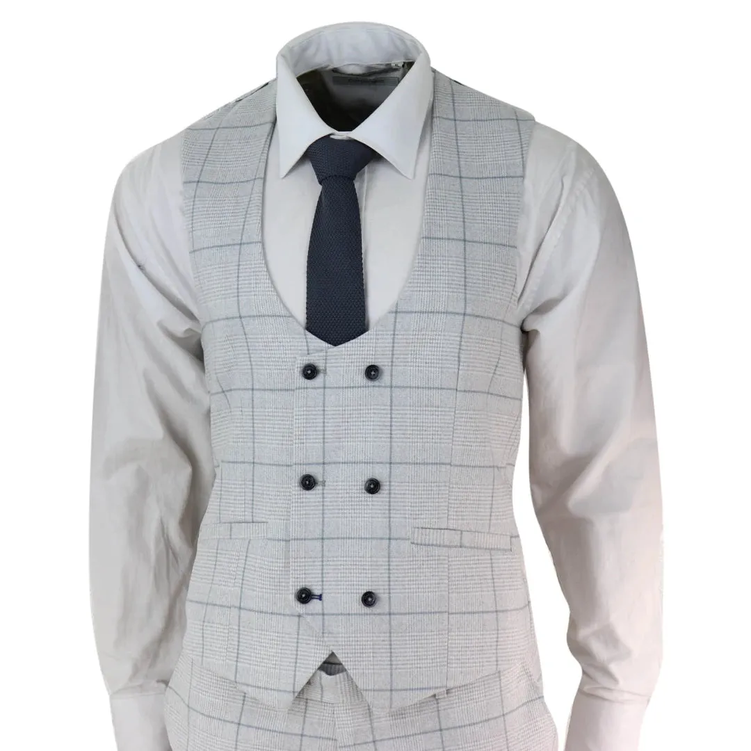 Radika - Men's Light Grey Check 3 Piece Suit Double Breasted Waistcoat