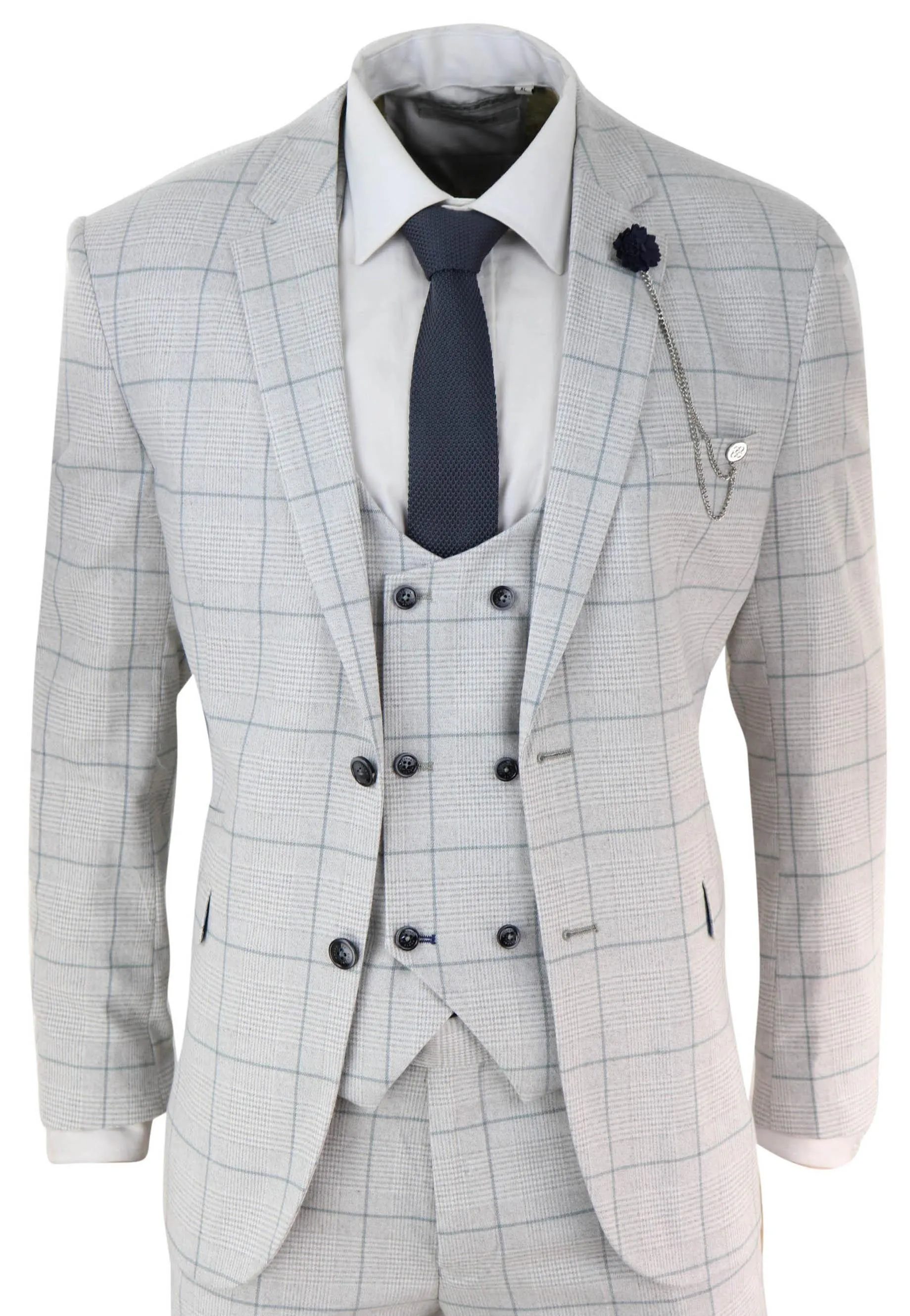 Radika - Men's Light Grey Check 3 Piece Suit Double Breasted Waistcoat