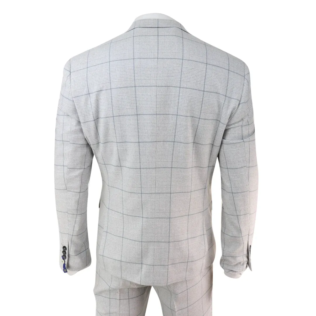 Radika - Men's Light Grey Check 3 Piece Suit Double Breasted Waistcoat