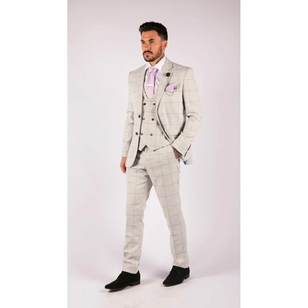 Radika - Men's Light Grey Check 3 Piece Suit Double Breasted Waistcoat