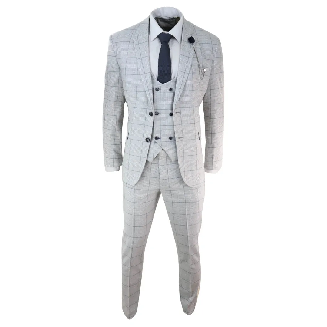 Radika - Men's Light Grey Check 3 Piece Suit Double Breasted Waistcoat