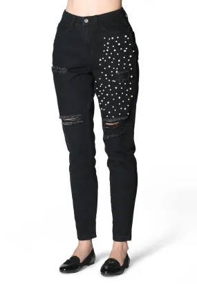 ripped and pearl stud straight fit jeans