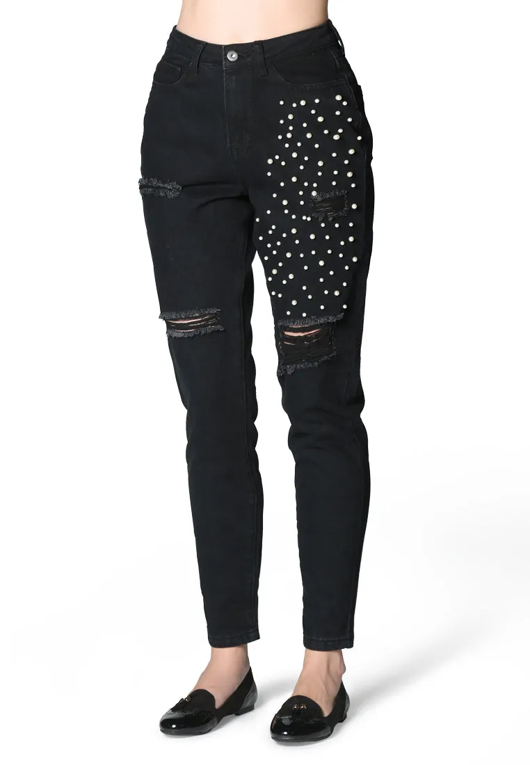 ripped and pearl stud straight fit jeans