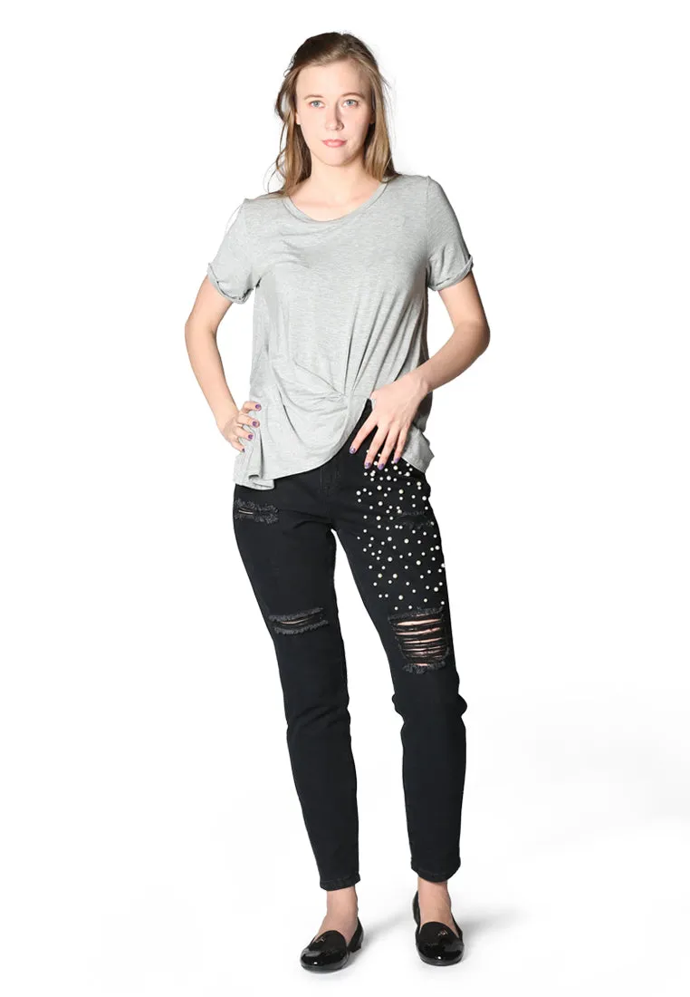 ripped and pearl stud straight fit jeans