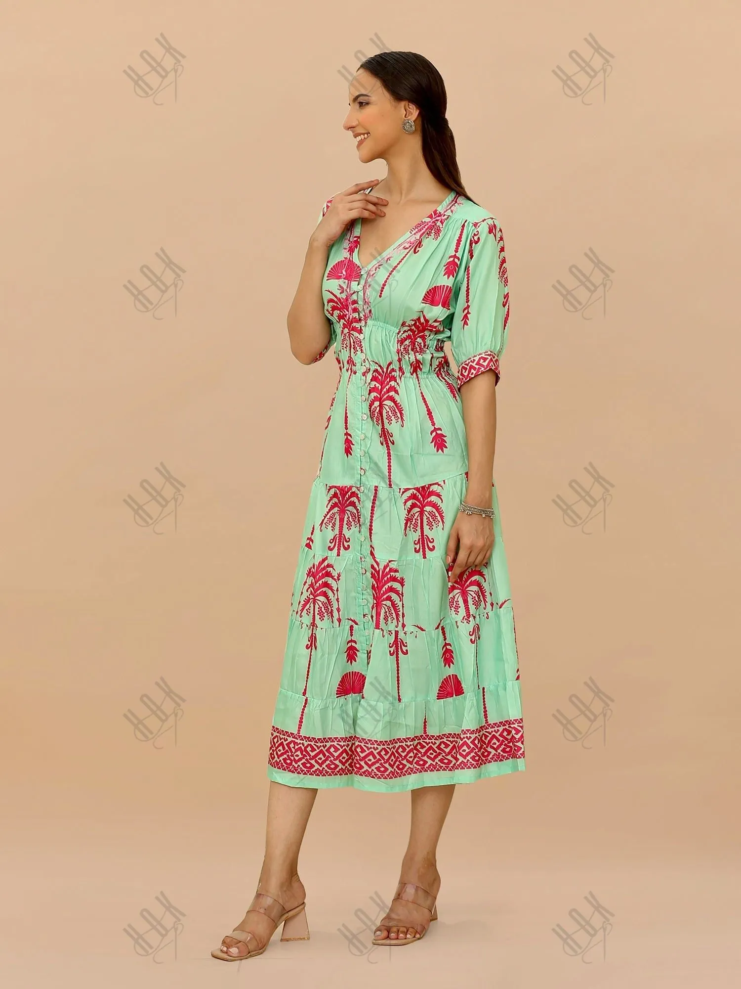 Saba Chikanakri Dress in Printed Muslin - Tourquise blue