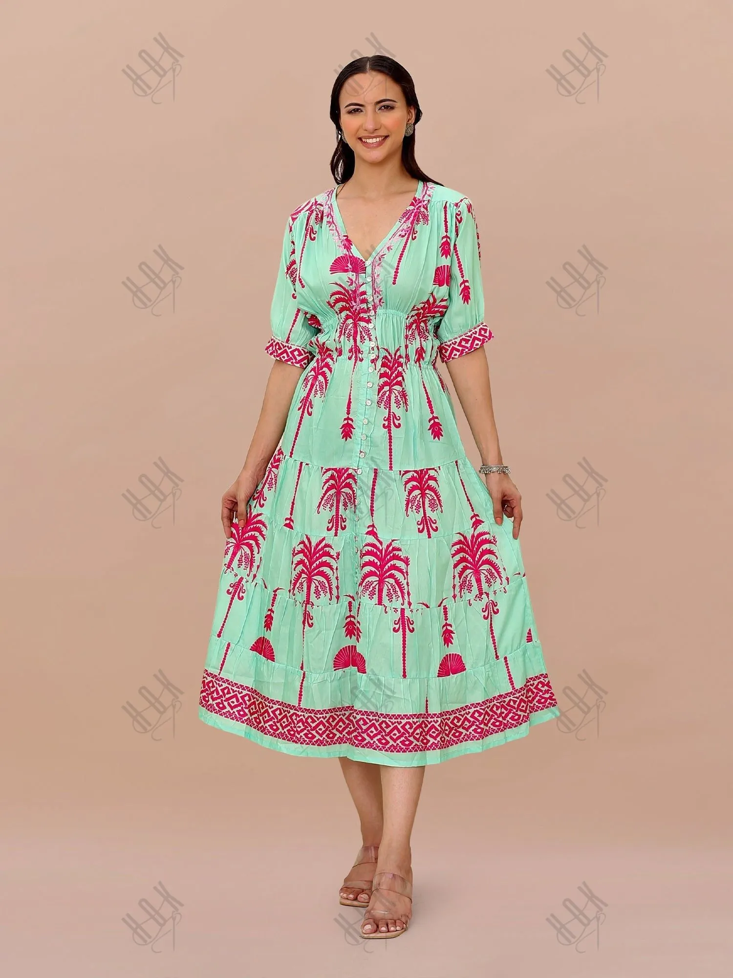 Saba Chikanakri Dress in Printed Muslin - Tourquise blue