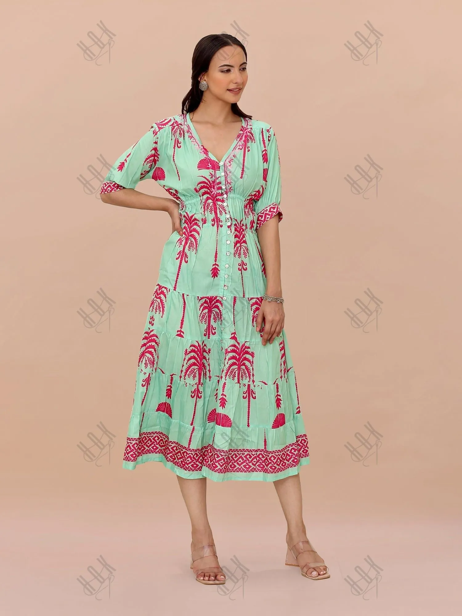 Saba Chikanakri Dress in Printed Muslin - Tourquise blue