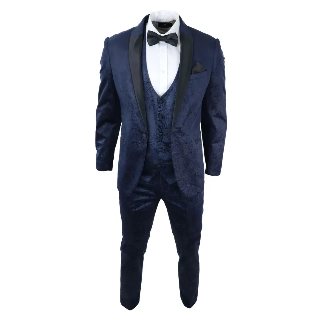 Simon - Men's Marc Darcy Velvet Paisley Blue Fit 3 Piece Suit Tuxedo Wedding