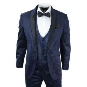 Simon - Men's Marc Darcy Velvet Paisley Blue Fit 3 Piece Suit Tuxedo Wedding