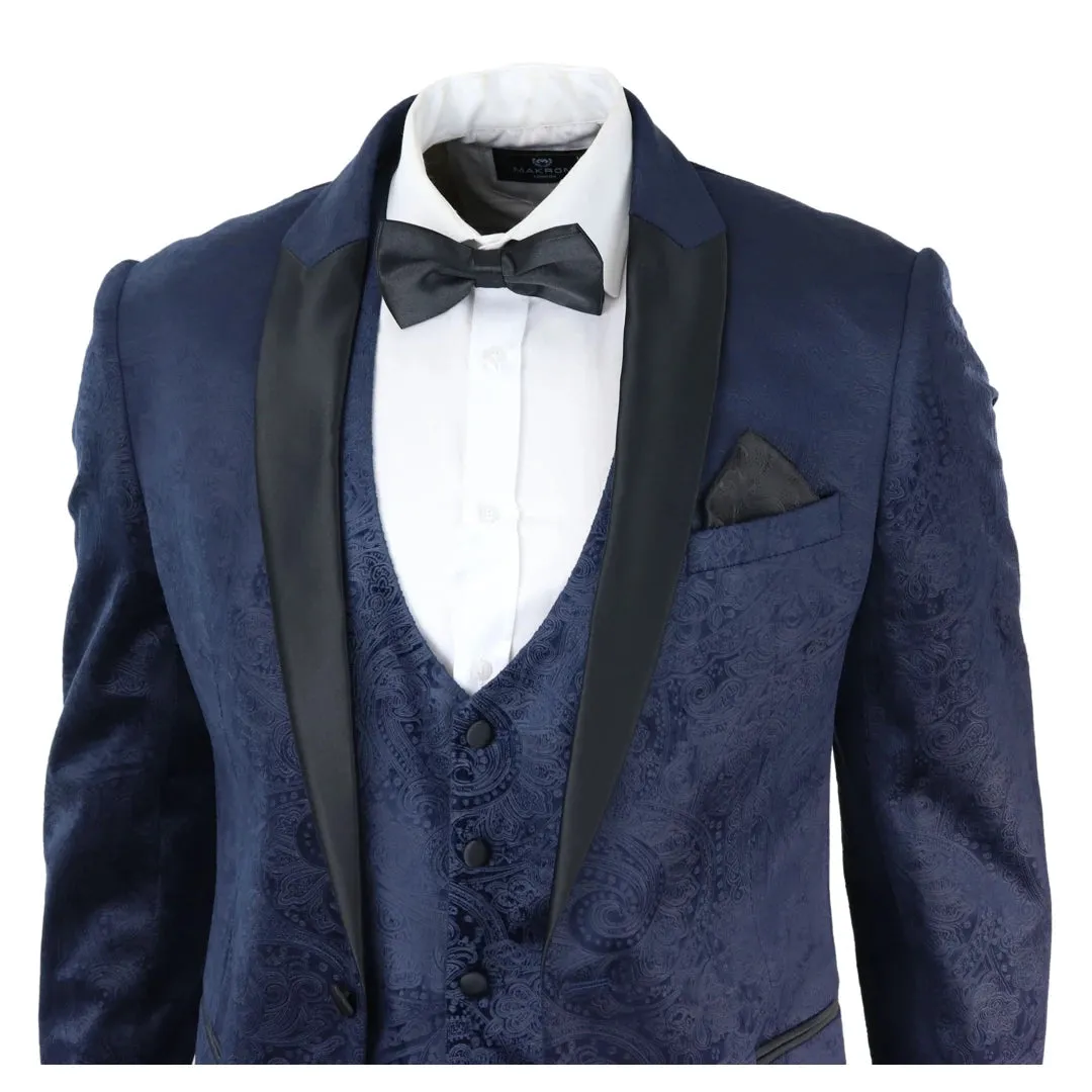 Simon - Men's Marc Darcy Velvet Paisley Blue Fit 3 Piece Suit Tuxedo Wedding