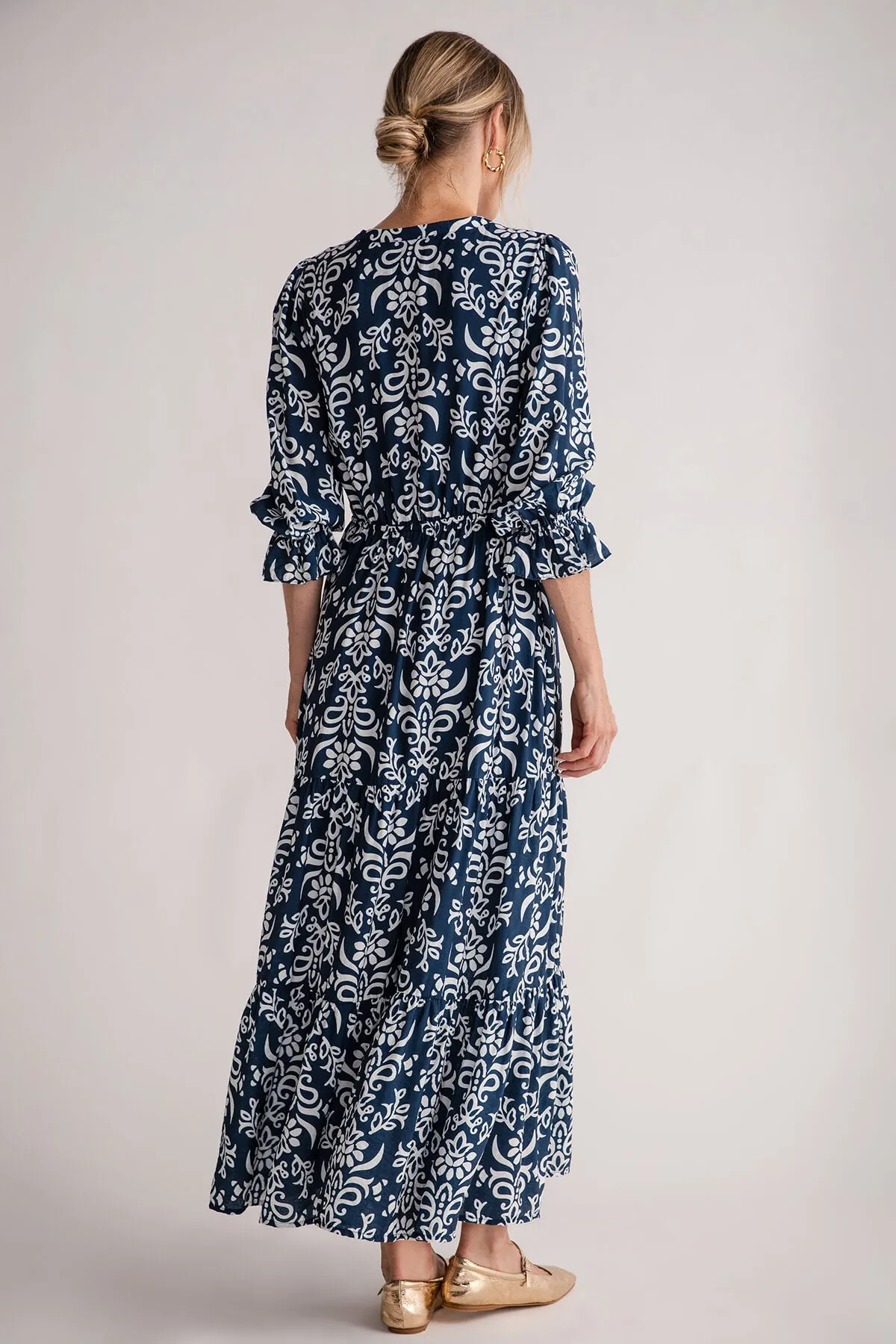 Skies Are Blue Printed Split Neck Ruffle Maxi Dress