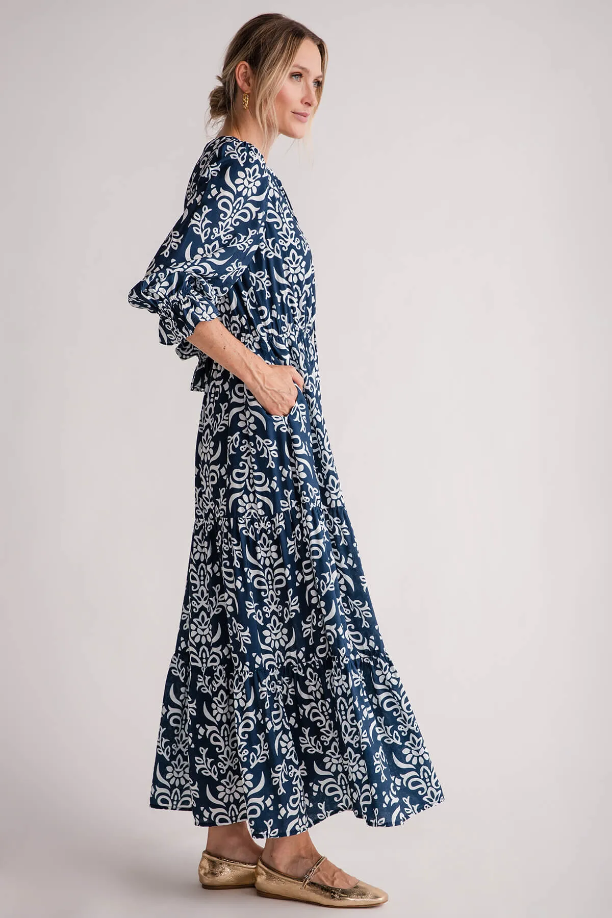 Skies Are Blue Printed Split Neck Ruffle Maxi Dress