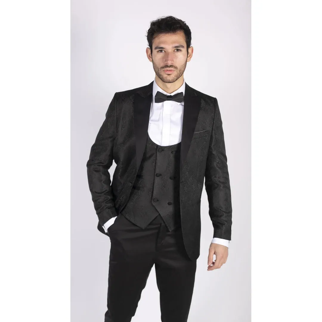 STZ62 - Men's Black Paisley Tuxedo Blazer And Waistcoat Dinner Jacket Satin